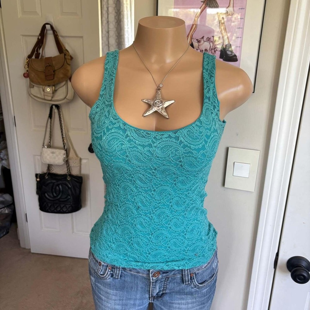y2k 2000s pastel turquoise floral lace tank top (size S)